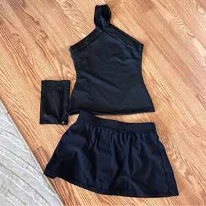 Three piece hot weather pickleball yoga skirt set black running band phone swim